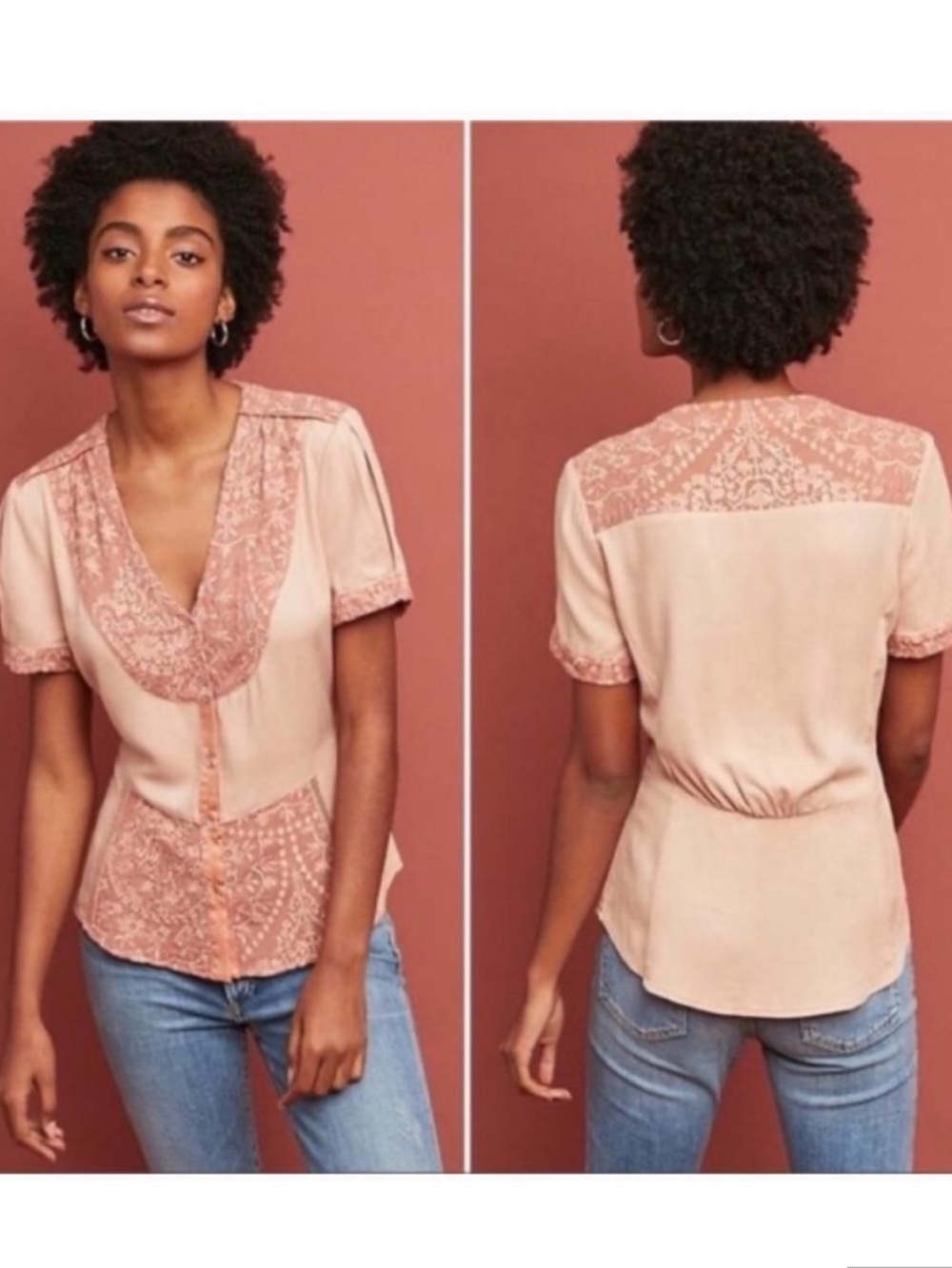 Anthropologie Tiny Talia Lace Trim Short Sleeve Blouse
